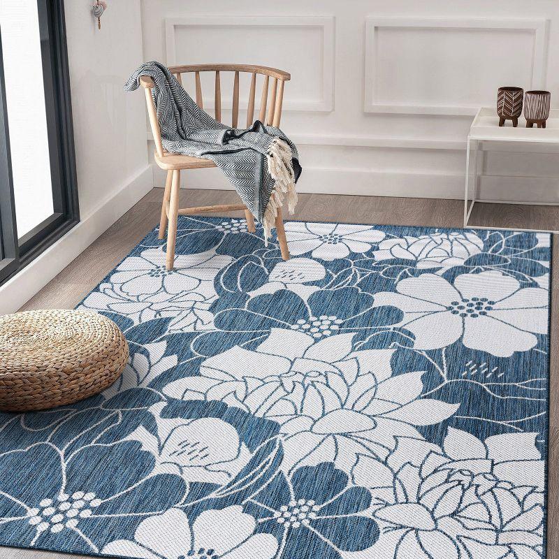 World Rug Gallery Modern Floral Flowers Textured Flat Weave Indoor/Outdoor Area Rug - NAVY 5' X 7'