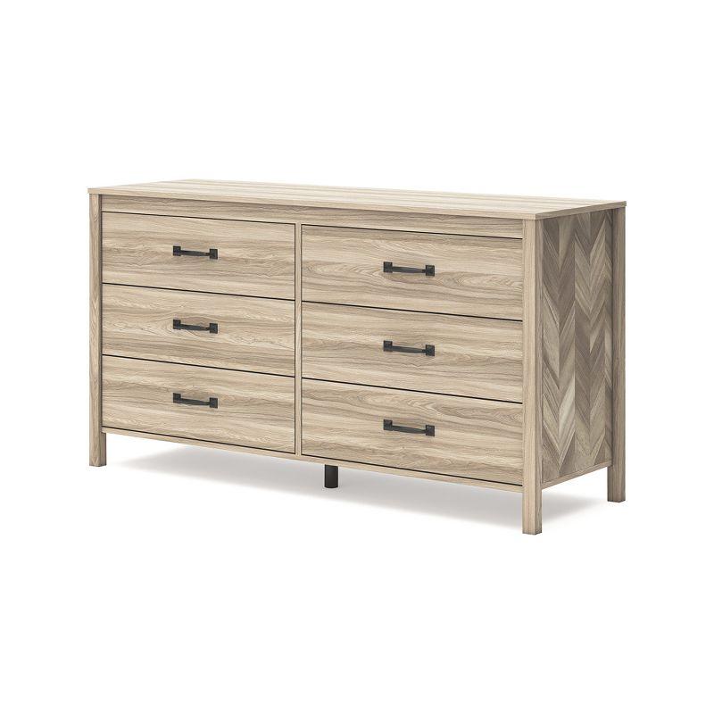 Beige Mid-Century Modern 6-Drawer Dresser with Chevron Pattern