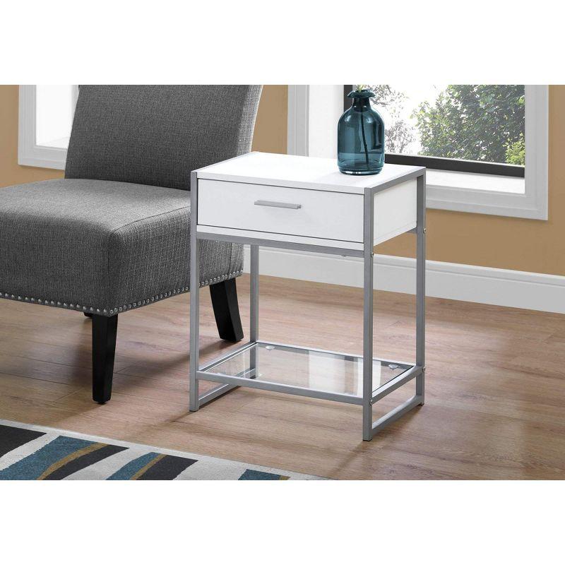 Monarch Specialties Accent Table Side End Nightstand Lamp Storage Drawer Metal Laminate Tempered Glass White Grey Contemporary Modern