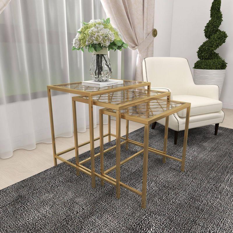 Olivia & May Metal Nesting Tables Pale (Set of 3) Gold: Satin Finish, Glass Surface, Iron Frame, No Assembly Required