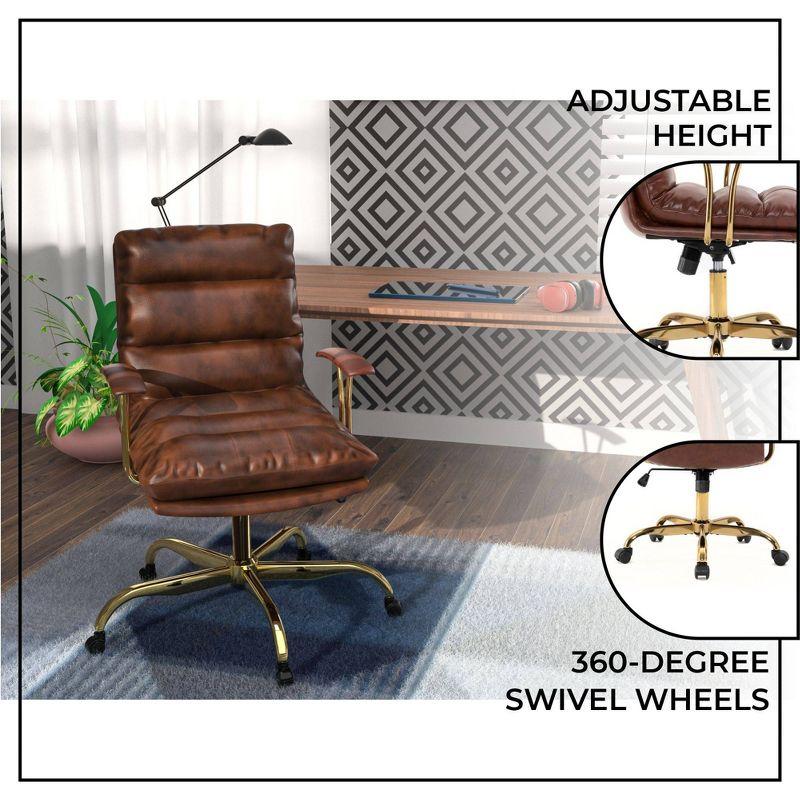 LeisureMod Regina Single Ergonomic Padded Leather Lumbar Support Adjustable Height Swivel Executive Office Chair with Gold Steel Frame