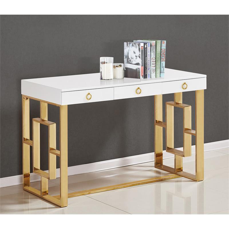 Elysian 47" Gold and White High Gloss Writing Desk with 3 Drawers