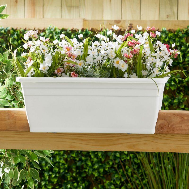 The HC Companies 24 Inch Wide Heavy Duty Plastic Deck Rail Mounted Garden Flower Planter Box with Removable Drainage Plugs, White