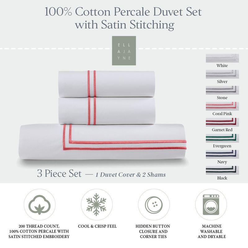 Ella Jayne 100% Cotton Percale 3 Piece Duvet Set, Full/Queen, White with Pink Satin Stitching