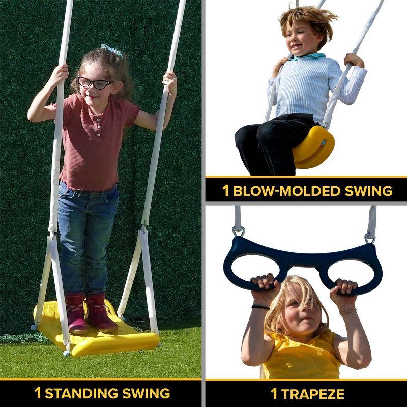 Sportspower Super 9 Metal Swing Set With Teeter Totter, 2 Person Glide Ride Swing,  Standing Swing, 2 Person Roman Glider Swing, Trapeze Bar, 1 Blow Molded Swing And 5' Slide With Lifetime Warranty, Bonus 4pc Anchor Kit Included