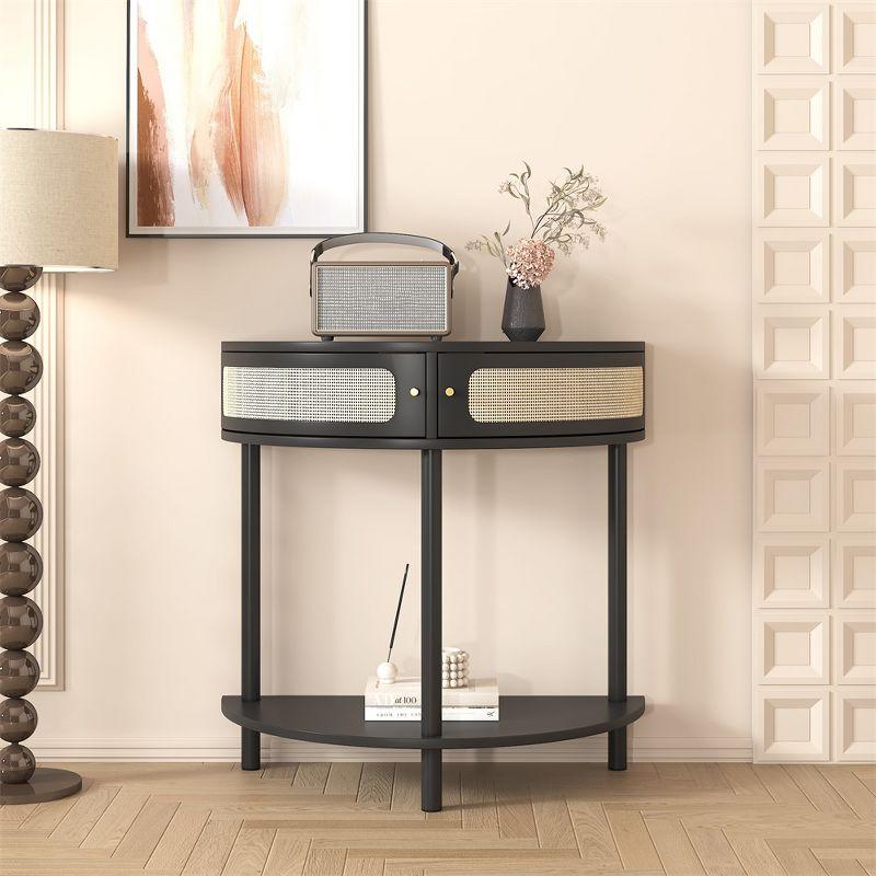 Black MDF Round End Table with Rattan Storage