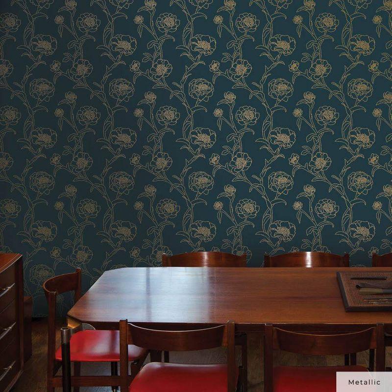Tempaper & Co.® Peonies Removable Peel and Stick Wallpaper, Peacock Blue and Metallic Gold Floral, 28 sq. ft.: Vinyl Self-Adhesive