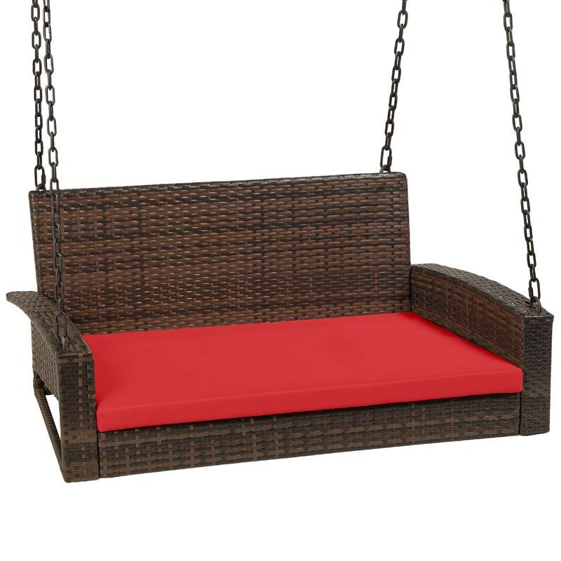 Brown Wicker Hanging Porch Swing with Red Cushion