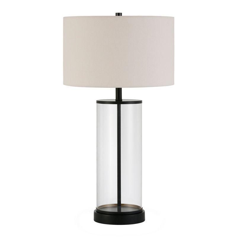 Blackened Bronze and Glass Cylinder Table Lamp with Linen Shade