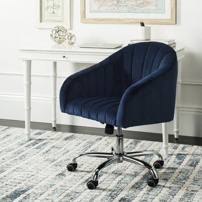 Navy Velvet Chrome-Finished Swivel Office Chair with Fixed Arms