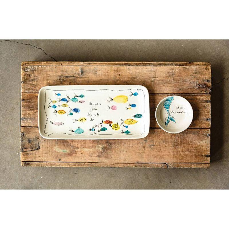 Storied Home Stoneware Plate & Small Round Dish with Fish Print White 2pc: Nautical Coastal Beach Style, Dishwasher-Safe