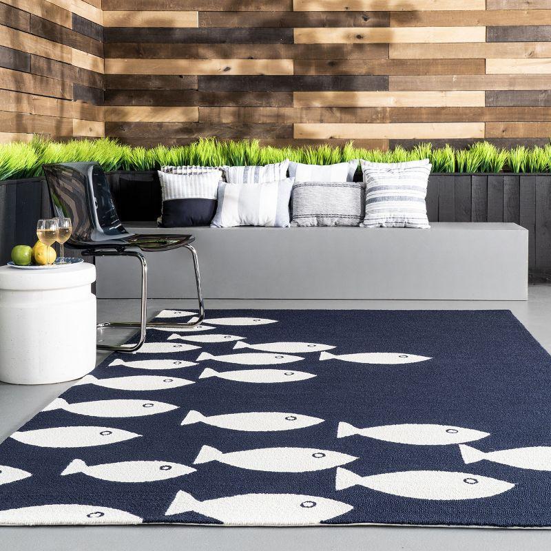 Navy and White Fish Pattern Indoor/Outdoor Rug