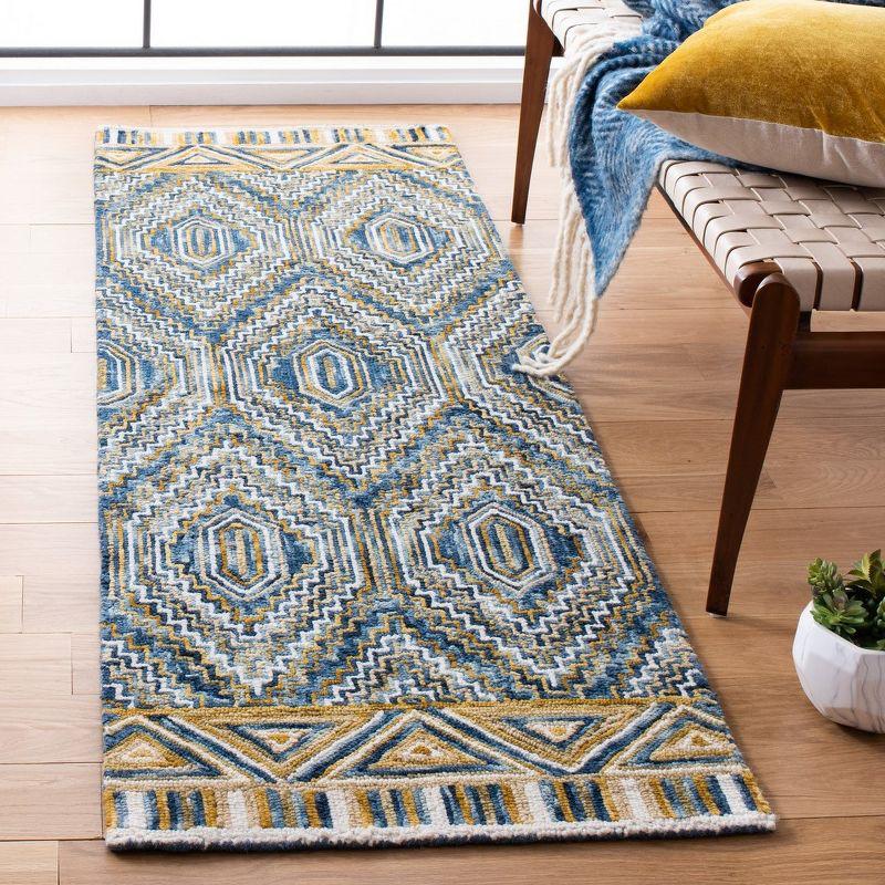 Handmade Blue Geometric Wool Tufted Area Rug, 2'3" x 7'