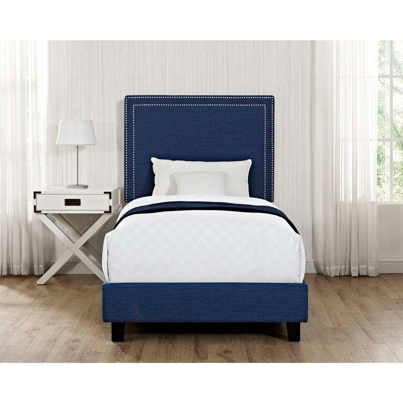 Transitional Blue Twin Upholstered Platform Bed with Nailhead Trim