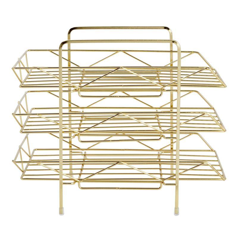 3-Tier Metal File Holder for Home or Office Desk, Stackable Paper Tray, Gold, 13 x 11 In