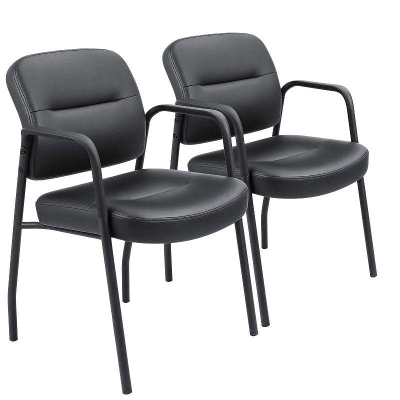 Black Faux Leather Guest Chairs with Fixed Arms, Set of 2