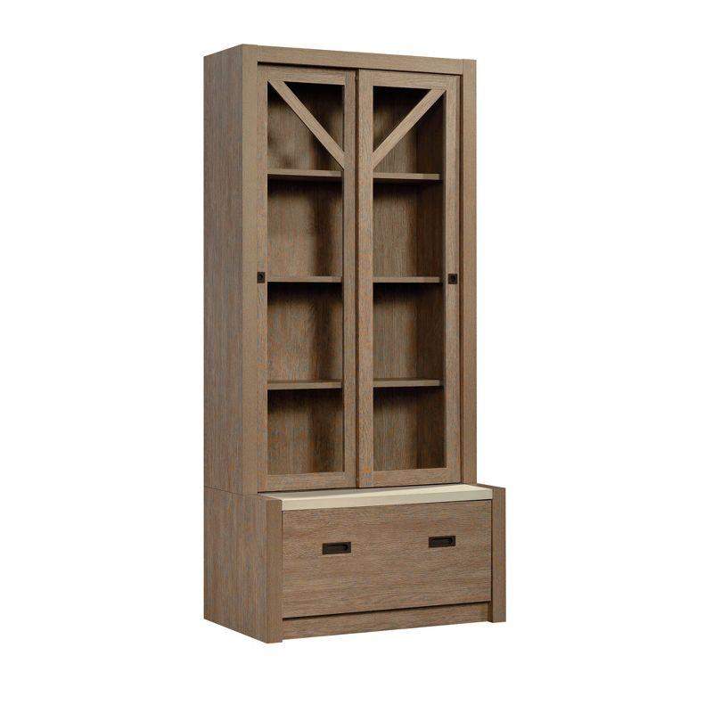 Pebbled White and Brushed Oak Adjustable Bookcase with Glass Doors