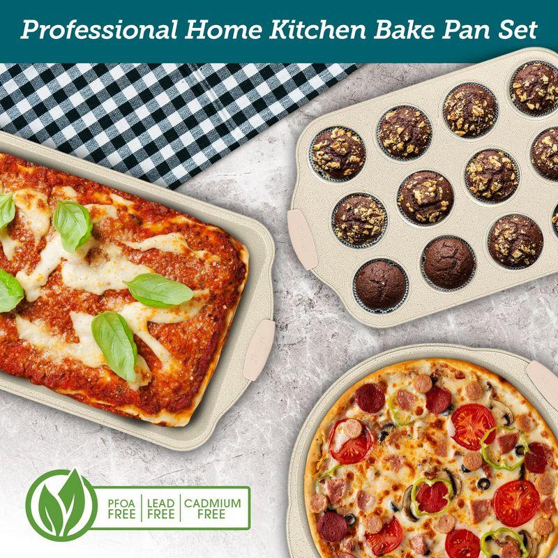 BAKKEN Deluxe 8-Piece Carbon Steel Bakeware Set - Nonstick White Marble Coating,
Silicone Handles - Professional Quality Kitchen Oven Baking Pans
