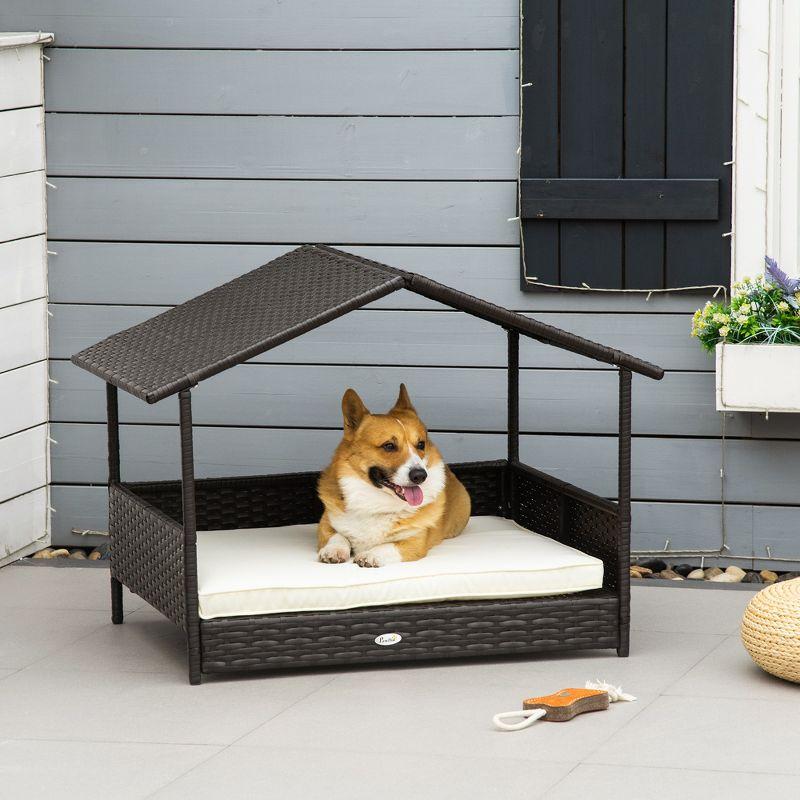 PawHut Wicker Dog House Elevated Raised Rattan Bed for Indoor/Outdoor with Removable Cushion Lounge, Cream