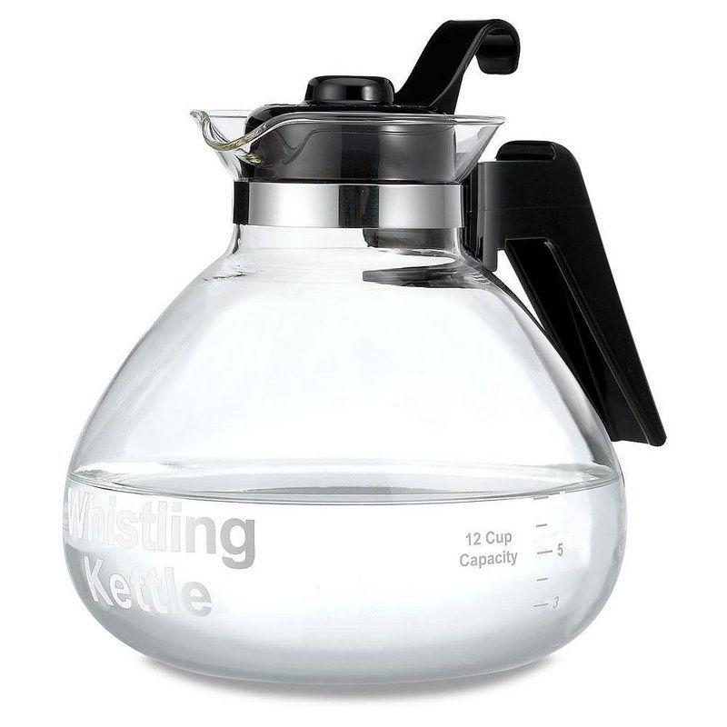 Café Brew Collection Clear Glass Whistling Tea Kettle, to Purely Brew Tea With No Metallic Taste or Other Carafe Flavors, 12 Cup Capacity