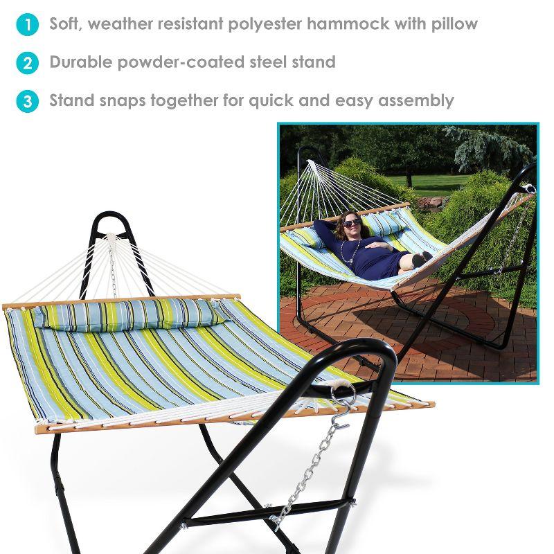 Sunnydaze Double Quilted Fabric Hammock with Universal Steel Stand - 450-Pound Capacity - Blue and Green