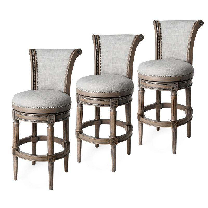 Maven Lane Pullman 31 Inch Tall Bar Height Upholstered Barstool with Back in Reclaimed Oak Finish with Ash Grey Fabric Cushion Seat, Set of 3