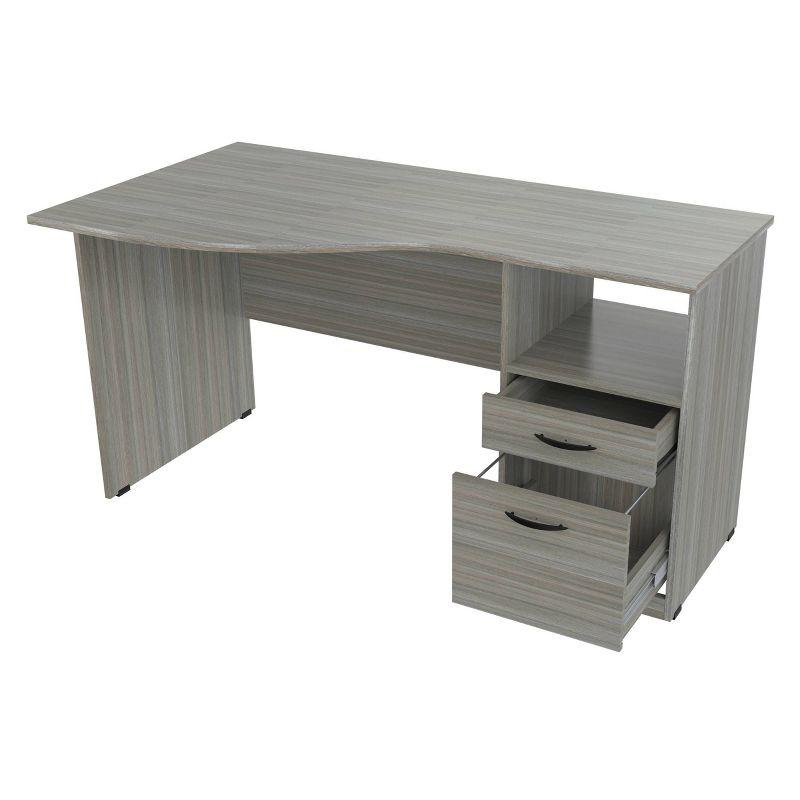 Curved Top Desk Smoke Oak - Inval: MDF Composite Office Table with File Drawer & Open Storage Shelf