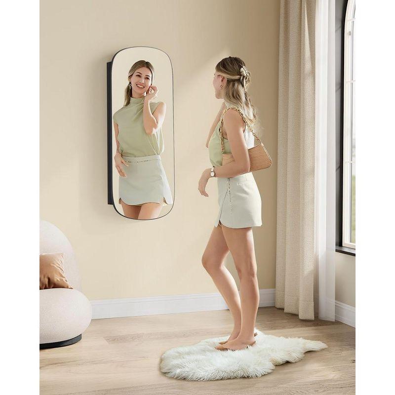 SONGMICS Jewelry Organizer, LED Jewelry Cabinet Wall or Door Mounted, Lockable Rounded Wide Mirror with Storage,Black Surface with Greige Lining