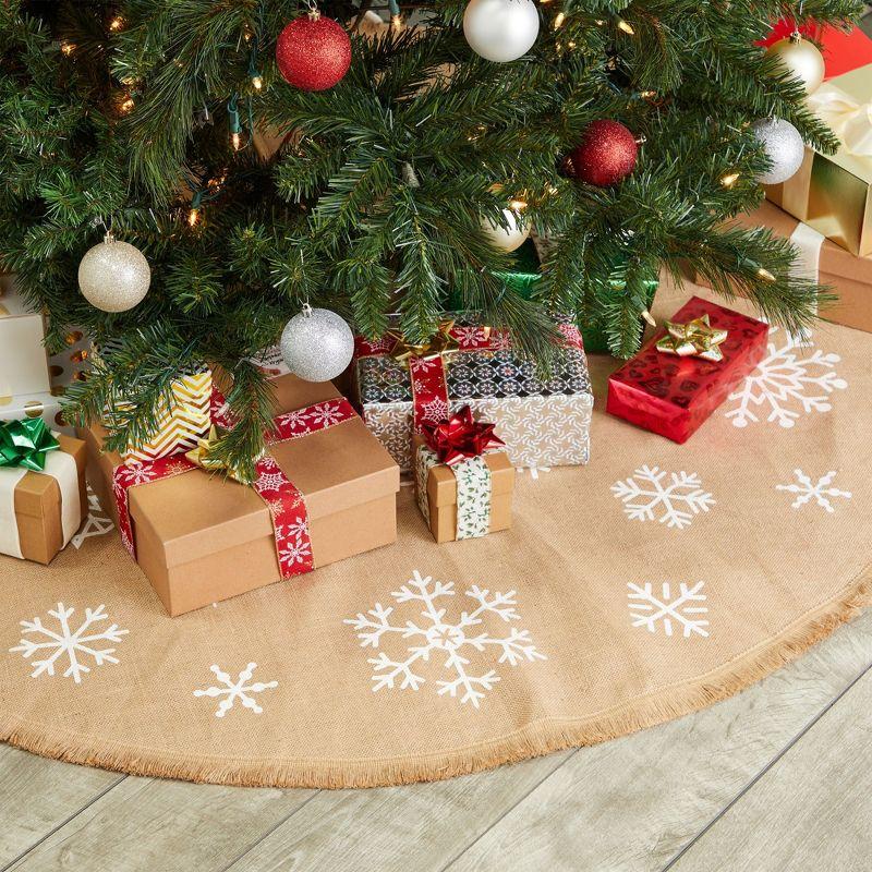 60 Inch Burlap Christmas Tree Skirt with White Snowflakes