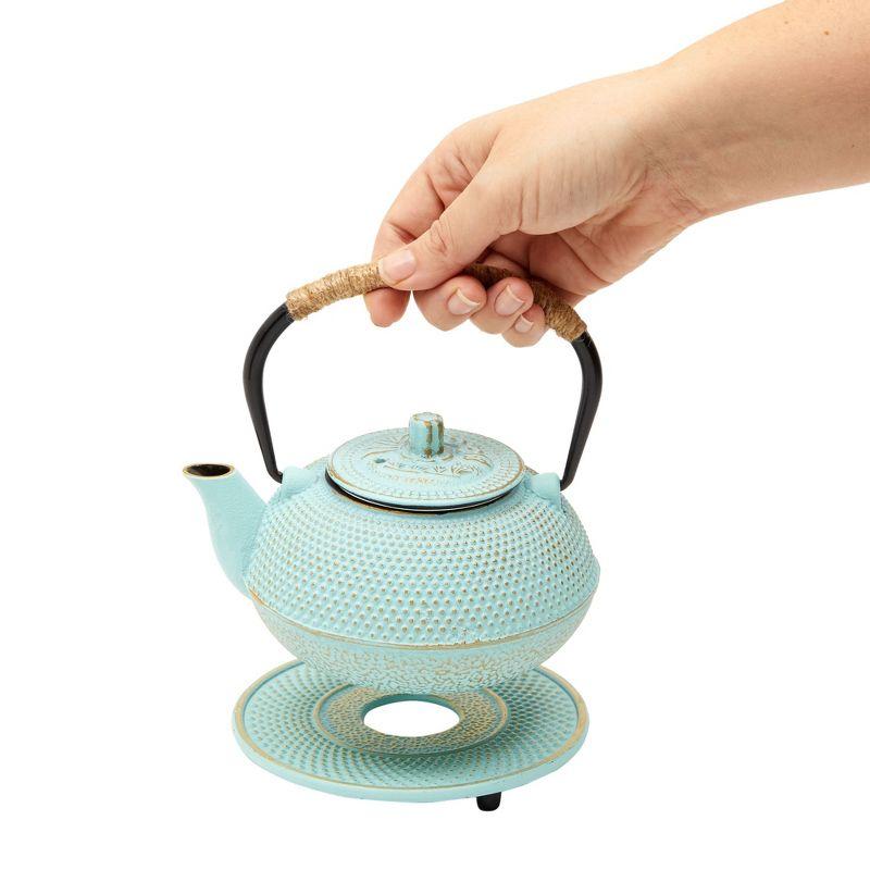 Juvale Cast Iron Teapot with Infuser - Japanese Tea Kettle, Loose Leaf Tetsubin with Trivet (Green, 3 Pcs, holds 18 oz,500 ml)