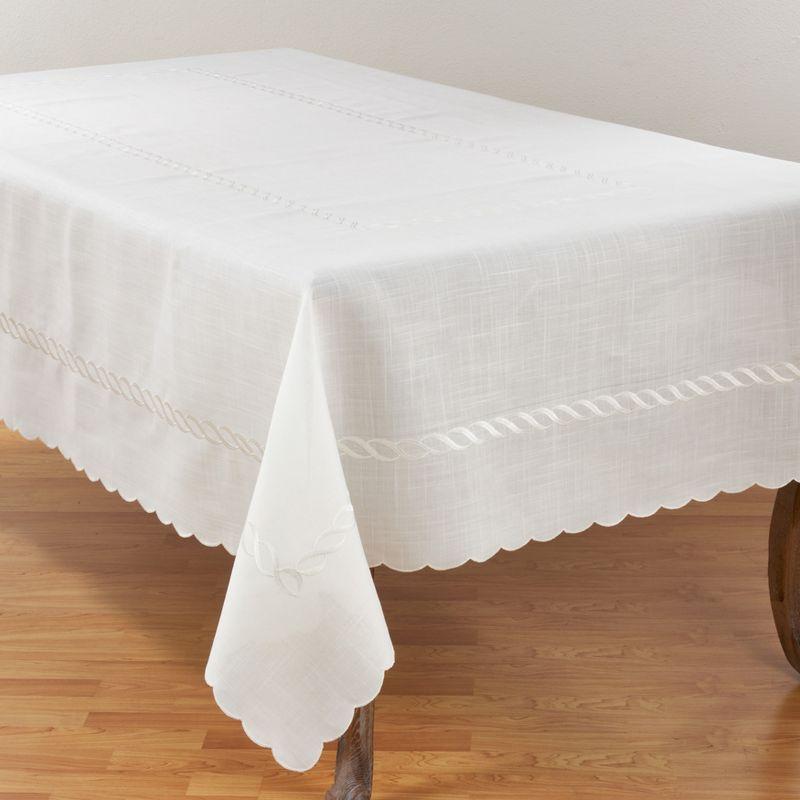 White Embroidered Braid Design Linen-Blend Tablecloth