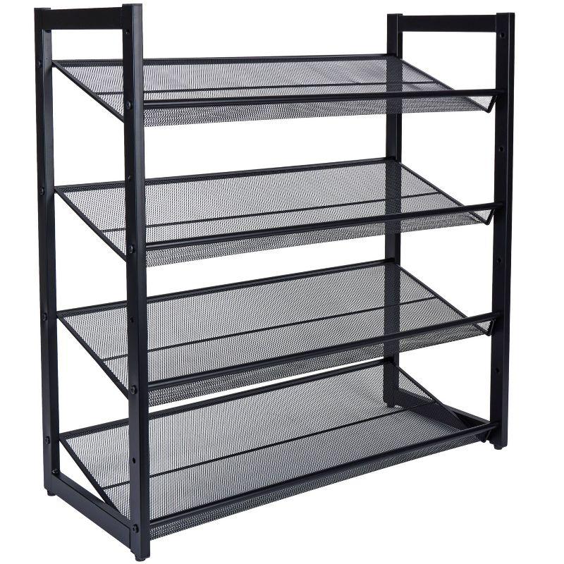 Organize It All 4 Tier Shoe Rack Organizer with Mesh Black: Iron Frame, Holds 16 Pairs, Freestanding, 29.8" Depth