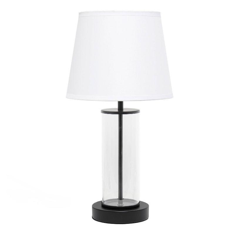 Black Metal and Clear Glass Table Lamp with White Fabric Shade