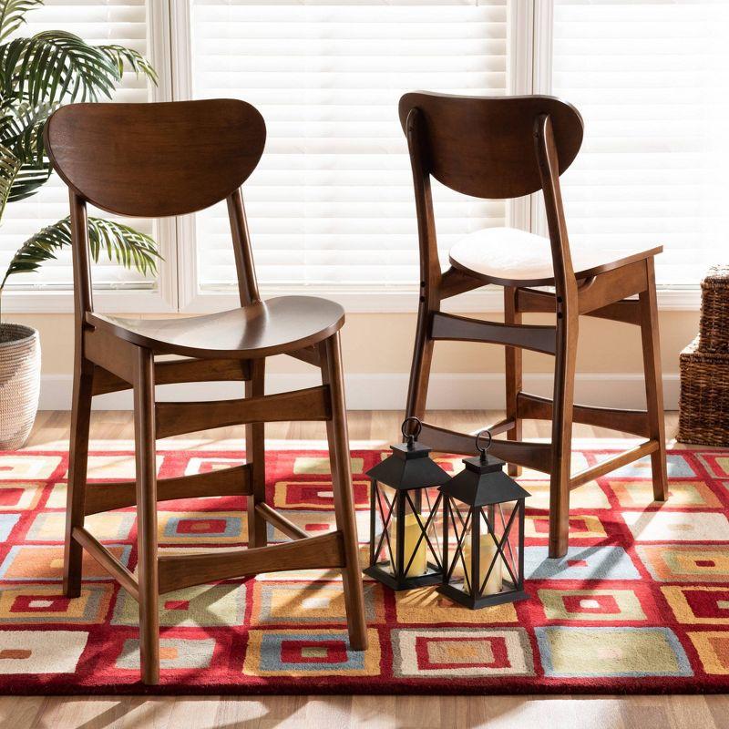 2pc Katya Wood Counter Height Barstool Set Brown - Baxton Studio: Walnut Finish, Polyester Upholstery, Footrests