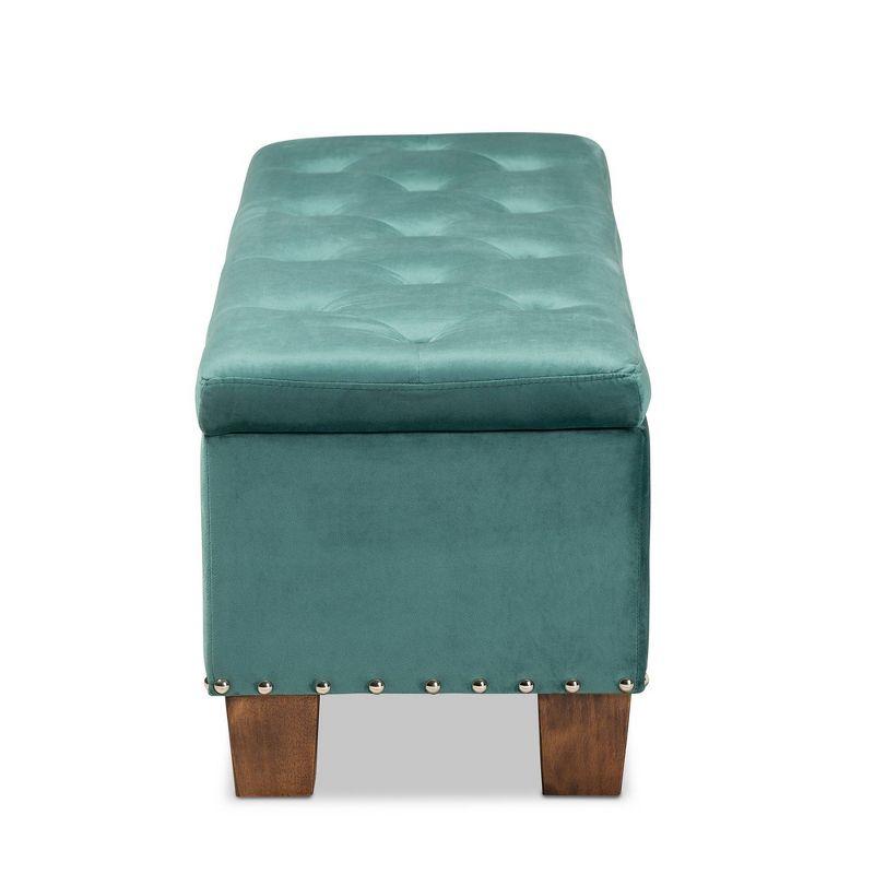 Teal Velvet Tufted Storage Bench with Walnut Legs