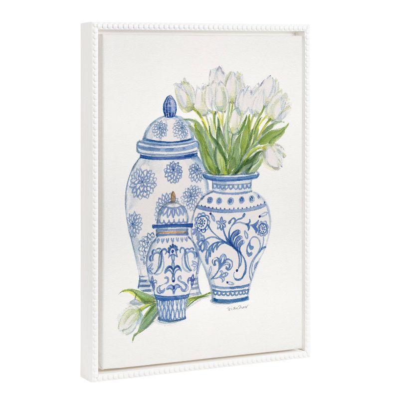 18x24 White Beaded Frame Canvas with Blue Chinoiserie Jars and Tulips