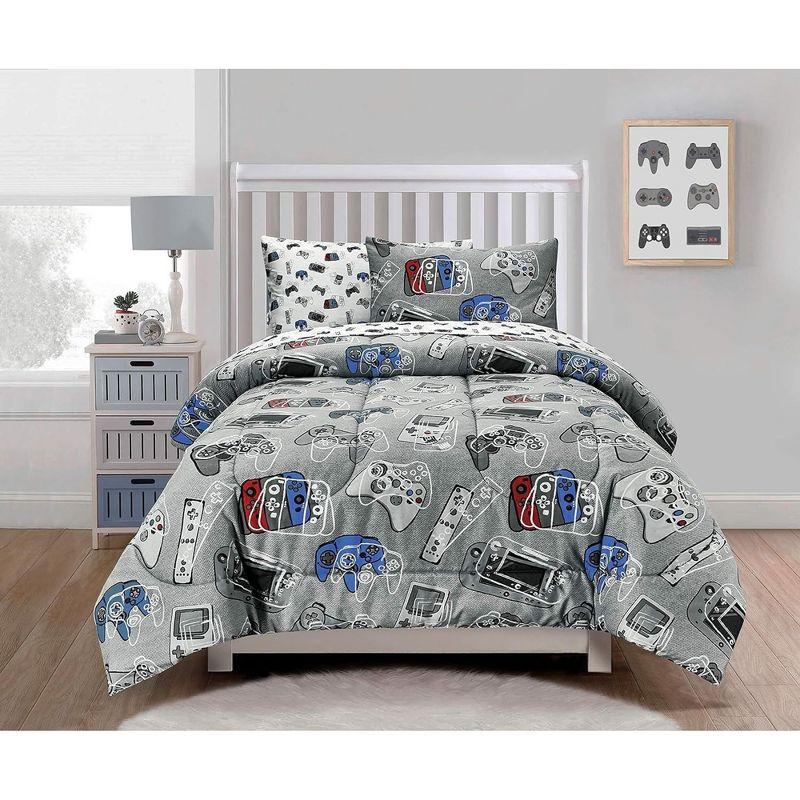 Tadpoles 3-Piece Gamer Glow in The Dark Comforter Set - Game Controllers Print - Full - Blue, Grey