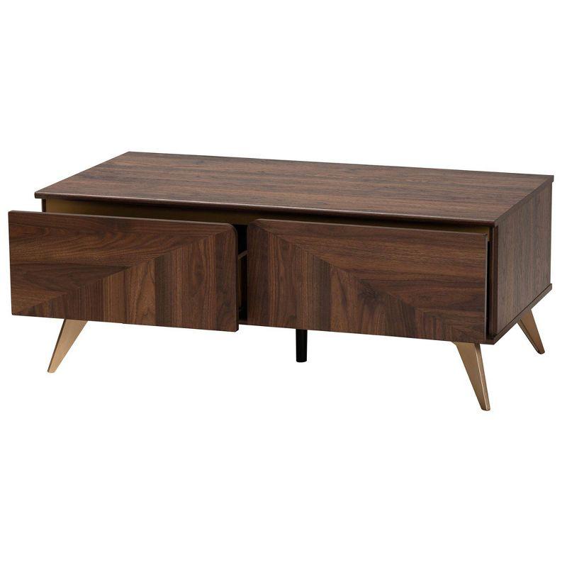 Graceland 2 Drawer Wooden Coffee Table Walnut Brown/Gold - Baxton Studio: Mid-Century Storage, Rectangular Shape