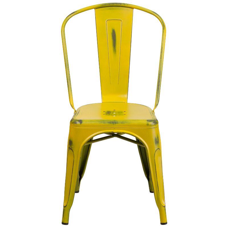 Distressed Yellow Metal Armless Indoor-Outdoor Stackable Chair