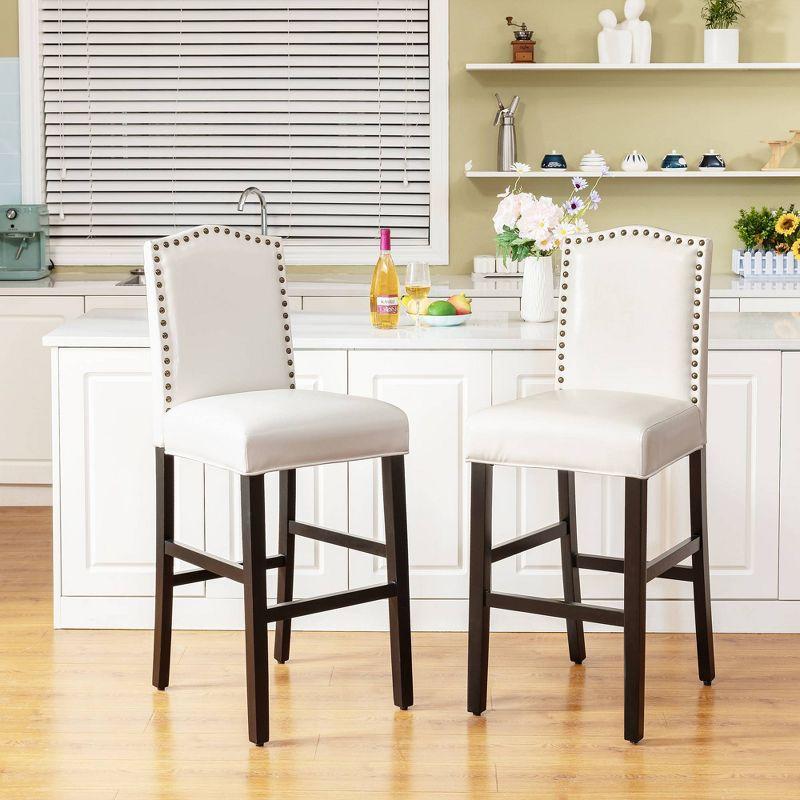 Set of 2 Leatherette PU Barstools with Studded Decor Off White - Glitzhome: Rubberwood Frame, Footrest, Modern Style