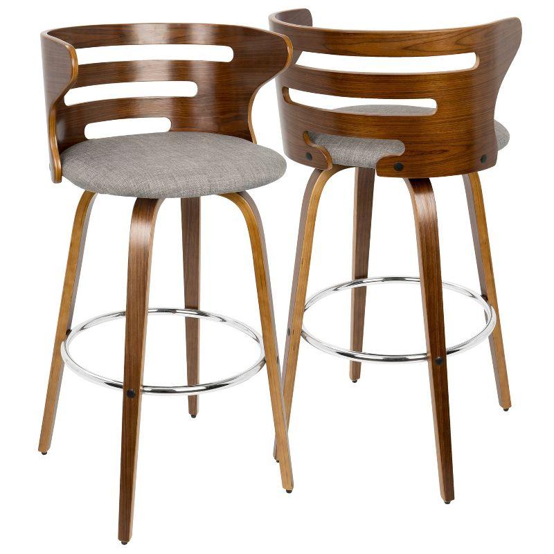 Cosini Walnut Wood and Gray Swivel Barstools with Chrome Footrest, Set of 2