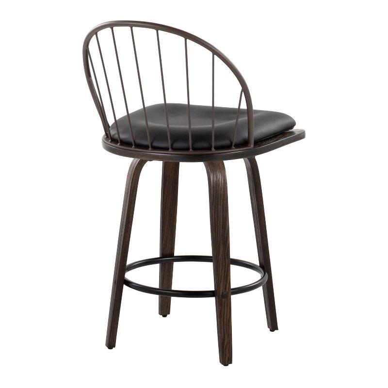 Walnut Bronze Swivel Counter Stool with Metal Backrest and Faux Leather Cushion