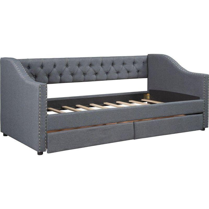 Streamdale Upholstered Twin Size daybed with Two Drawers, Wood Slat Support, Gray