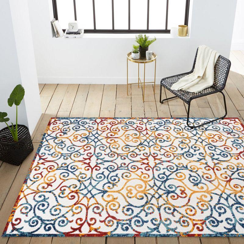 3'x5' Atrani Scroll Trellis Indoor/Outdoor Area Rug, Cream/Blue/Red - JONATHAN Y