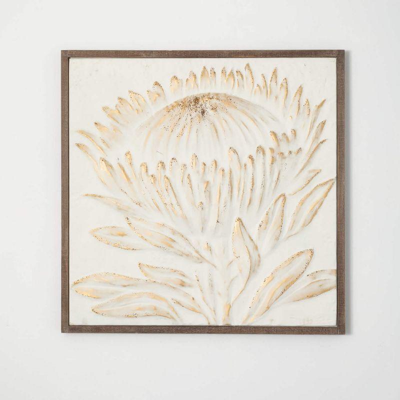 Gold-Brushed Embossed Protea Artwork with Weathered Wood Frame