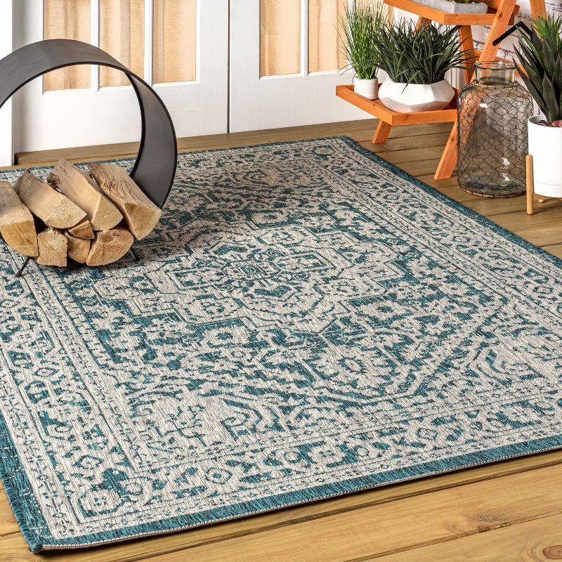 4'x6' Sinjuri Medallion Textured Weave Indoor/Outdoor Area Rug,  Teal Blue/Gray - JONATHAN Y