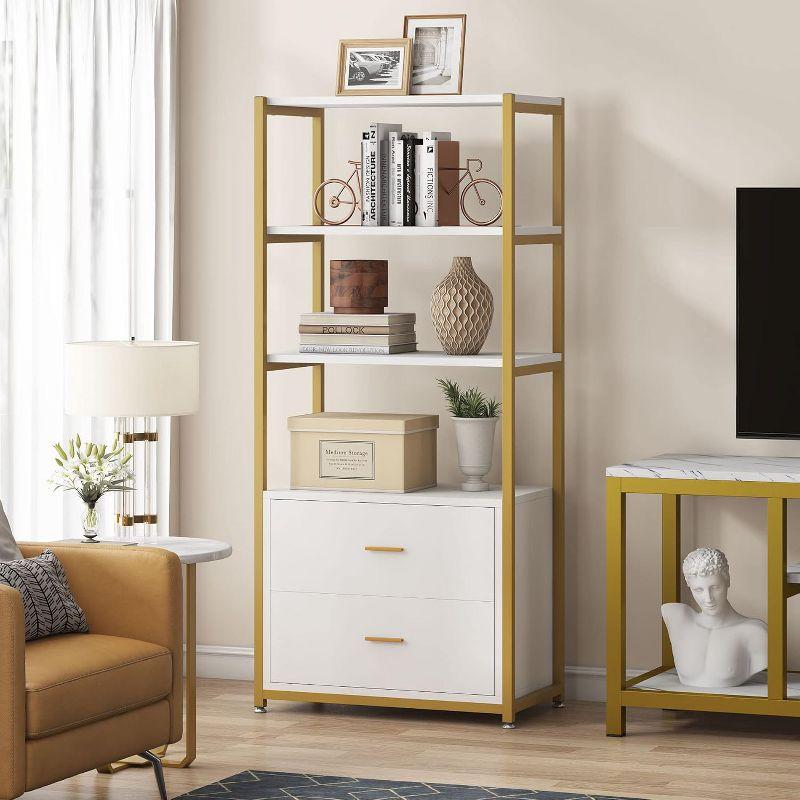 Tribesigns 4-Tier Bookshelf with 2 Drawers White/Gold