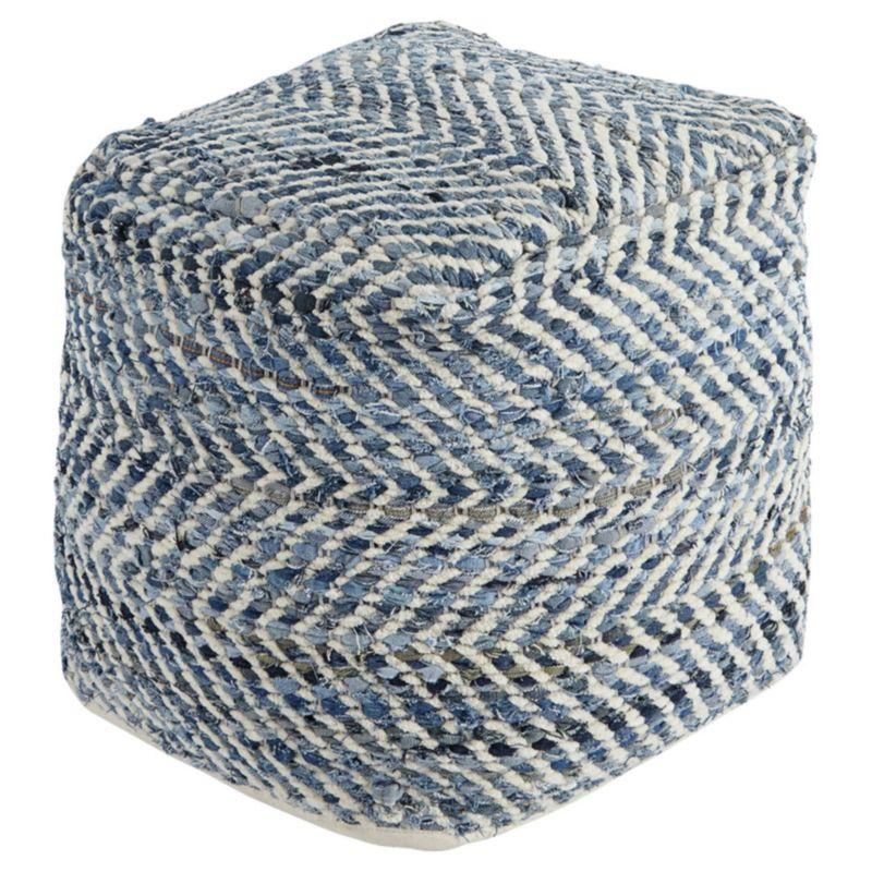 Contemporary Blue Denim Woven Pouf Ottoman 18"