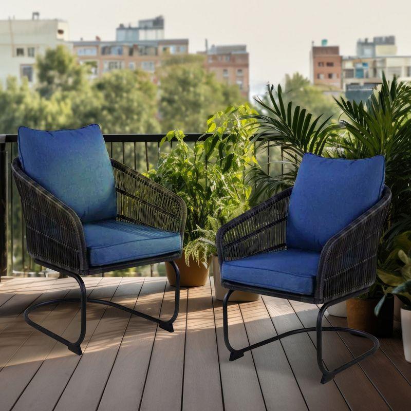 Four Seasons Courtyard Adelaide Set of 2 C Spring 250 Pound Capacity Rocking Motion Dining Chairs with Steel Frame and Olefin Cushions, Blue