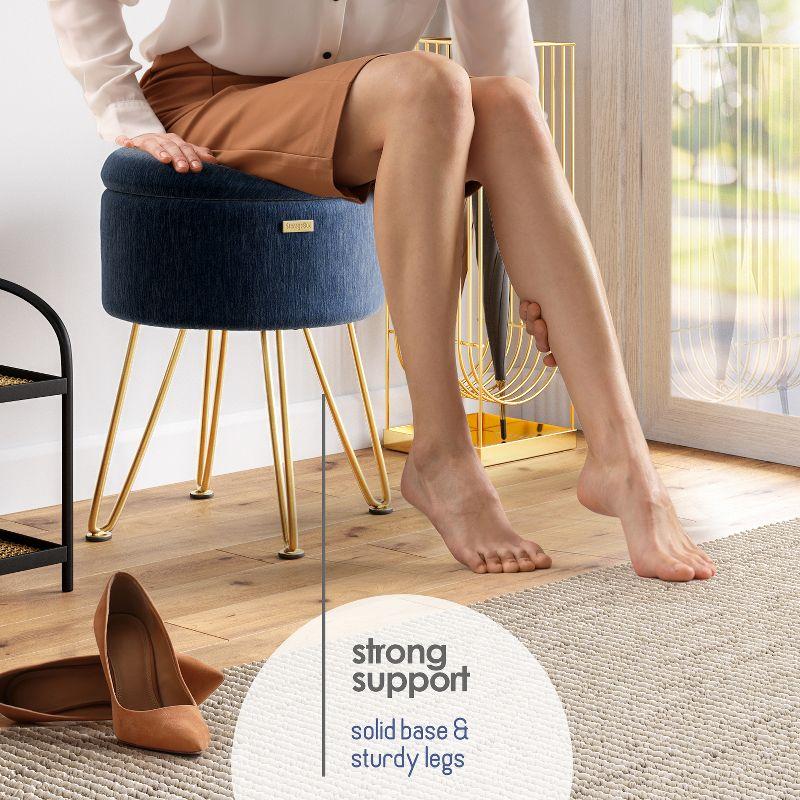 StorageBud Round Ottoman with Storage, Textured Velvet Storage Ottoman, Modern Foot Stool for Living Room and Bedroom - Blue with Gold Legs